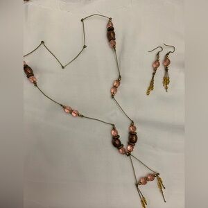 Handmade Healing Art Copper and Pink Crystal Bead Necklace & Drop Earrings Boho